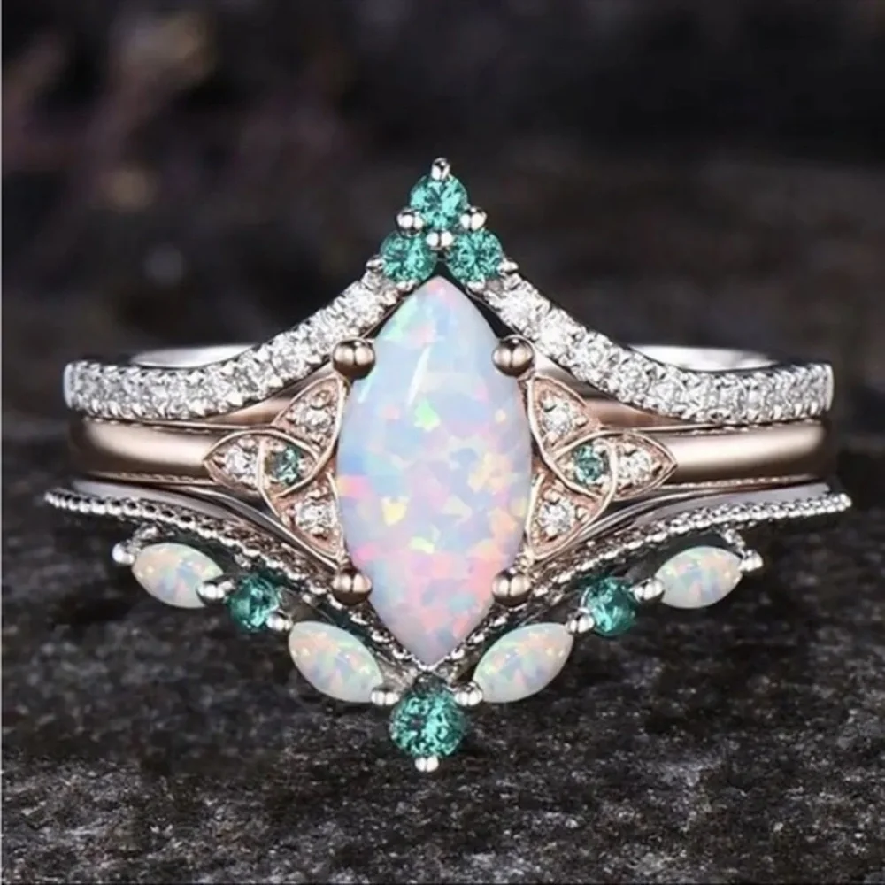 Opal & Crystal Wedding Ring Set Silver Halo Vintage Style Women’s Size 6